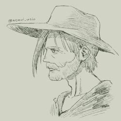 Rule 34 | 1boy, beard, character request, facial hair, from side, hai to no monogatari, hat, looking ahead, male focus, nemui usio, old, old man, portrait, profile, short hair, simple background, sketch, solo, twitter username