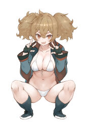 Rule 34 | :d, bikini, black gloves, blue jacket, breasts, brown hair, double w, fang, fingerless gloves, full body, gloves, gundam, gundam suisei no majo, hair between eyes, highres, jacket, large breasts, looking at viewer, open clothes, open jacket, open mouth, renee costa, ryo (tg290), short hair, simple background, skin fang, smile, squatting, swimsuit, twintails, w, white background