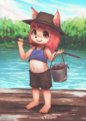 Rule 34 | 1girl, :d, animal ears, barefoot, brown eyes, bucket, child, dock, echa4797, feet, female focus, fish, flat chest, fox ears, furry, furry female, highres, midriff, navel, open mouth, original, red hair, shorts, smile, solo, standing, toes, water