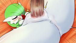 Rule 34 | 1girl, anus, bed sheet, blush, breasts, censored, clitoris, closed eyes, creatures (company), disembodied penis, emphasis lines, erection, game freak, gardevoir, gen 3 pokemon, green hair, hair over one eye, hetero, lying, medium breasts, mosaic censoring, neichii, nintendo, nude, on back, on bed, open mouth, orange background, penis, pokemon, pokemon (creature), pokemon rse, pussy, sex, shiny skin, short hair, simple background, solo, spread legs, vaginal