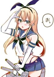 Rule 34 | 1girl, black neckerchief, black panties, blonde hair, blue sailor collar, blue skirt, blush, brown eyes, crop top, elbow gloves, gloves, hair between eyes, highleg, highleg panties, kantai collection, koni suke, long hair, microskirt, neckerchief, panties, parted lips, pleated skirt, rensouhou-chan, sailor collar, shimakaze (kancolle), simple background, skirt, sleeveless, thighhighs, translation request, underwear, white background, white gloves