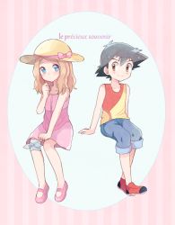 Rule 34 | 1boy, 1girl, ash ketchum, bad id, bad pixiv id, bandaged leg, bandages, black hair, blue eyes, blue pants, blush, bow, brown eyes, brown hair, commentary request, creatures (company), dress, french text, full body, game freak, hat, hat bow, invisible chair, long hair, looking at another, looking at viewer, mary janes, medium hair, mei (maysroom), nintendo, pants, pink bow, pink dress, pink footwear, pokemon, pokemon (anime), pokemon xy (anime), red footwear, red tank top, serena (pokemon), shoes, sitting, smile, sun hat, sundress, tank top, aged down