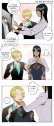 1boy 1girl ? ?? absurdres black_hair blonde_hair dress english_text formal_clothes heart heart-shaped_pupils highres korean_text nico_robin one_piece p5naq_pv sanji_(one_piece) shirt suit symbol-shaped_pupils tan