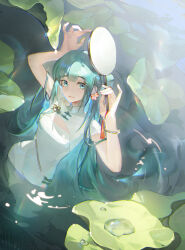 Rule 34 | 1girl, absurdres, aqua eyes, aqua hair, bracelet, chinese clothes, chinese commentary, collar, commentary request, cowboy shot, dress, earrings, flower earrings, hand fan, hands up, hatsune miku, highres, holding, holding fan, jewelry, lily pad, long hair, looking at viewer, off-shoulder dress, off shoulder, parted lips, ripples, shaohua hatsune miku, sleeveless, sleeveless dress, solo, tassel, tuanshan, twintails, very long hair, vocaloid, wading, water, white collar, white dress, yijiemofang