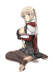 Rule 34 | 1girl, absurdres, bad id, bad pixiv id, black gloves, blonde hair, blouse, blue eyes, blush, breasts, capelet, closed mouth, commentary request, covering privates, covering ass, covering nipples, feet, from behind, gloves, graf zeppelin (kancolle), hair tie, highres, jacket, kantai collection, large breasts, long sleeves, looking at viewer, looking back, no shoes, osananajimi neko, panties, pantyhose, shirt, simple background, sitting, skirt, soles, solo, toeless legwear, toes, torn clothes, torn pantyhose, torn shirt, torn skirt, twintails, underwear, wariza, white background, white panties