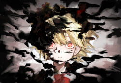 Rule 34 | 1girl, absurdres, black vest, blonde hair, collared shirt, darkness, hair between eyes, hair ribbon, henginnnnnn, highres, looking at viewer, open mouth, portrait, red eyes, red ribbon, ribbon, rumia, shirt, short hair, solo, straight-on, touhou, umbrakinesis, vest, white shirt