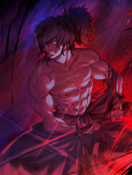 Rule 34 | 1boy, azusa (hws), black hair, fate/grand order, fate (series), grin, hakama, hakama skirt, holding, holding sword, holding weapon, japanese clothes, katana, looking away, male focus, muscular, okada izou (fate), ponytail, profile, red eyes, topless male, signature, skirt, smile, solo, sword, teeth, weapon