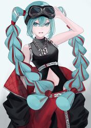 Rule 34 | 39, adjusting goggles, ayuz1, belt, blue eyes, blue hair, braid, chain necklace, clothing cutout, detached hair, eyewear on head, goggles, goggles on head, gradient background, hatsune miku, highres, jacket, jewelry, leotard, long hair, looking at viewer, magical mirai (vocaloid), magical mirai miku, magical mirai miku (2023), multicolored hair, navel, navel cutout, necklace, open mouth, pants, red hair, smile, streaked hair, twin braids, very long hair, vocaloid