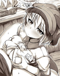 Rule 34 | 1girl, bad id, bad pixiv id, basket, belko, between breasts, between legs, blush, bottomless, bread, grabbing another&#039;s breast, breasts squeezed together, breasts, cup, eyelashes, food, grabbing, indoors, jitome, large breasts, looking up, monochrome, original, paizuri, paizuri under clothes, shinjin-chan (belko), short hair, solo focus, tray