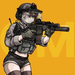 Rule 34 | 1girl, absurdres, ammunition pouch, belt, black shorts, black thighhighs, blue eyes, brown hair, closed mouth, combat helmet, commentary, commission, ear protection, english commentary, epakim, flashlight, foregrip, gloves, green gloves, grey jacket, gun, hair between eyes, helmet, highres, holding, holding weapon, jacket, looking ahead, microphone, navel, optical sight, original, bulletproof vest, pouch, rifle, shorts, sig mcx, sleeves rolled up, solo, suppressor, termichan (not-a-bot), thighhighs, transparent, trigger discipline, twitter username, upper body, visor (armor), weapon, yellow background