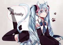 Rule 34 | 1girl, :3, animal ears, aqua eyes, aqua hair, black thighhighs, cat ears, cat tail, detached sleeves, english text, hatsuko, hatsune miku, kemonomimi mode, long hair, lying, no shoes, on stomach, skirt, smile, solo, tail, the pose, thighhighs, twintails, vocaloid, zettai ryouiki
