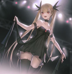 Rule 34 | 1girl, :d, absurdres, bare shoulders, black choker, black dress, black ribbon, black thighhighs, blurry, blurry background, breasts, child, choker, cleavage, dance in the vampire bund, depth of field, dress, fang, hair ribbon, highres, huge filesize, long hair, looking at viewer, mina tepes, open mouth, original, red eyes, ribbon, sawamaharu, small breasts, smile, stage lights, strapless, strapless dress, thigh gap, thighhighs, twintails, vampire, very long hair, zettai ryouiki