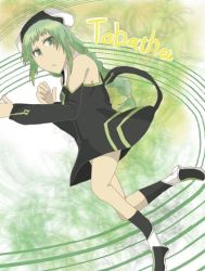 Rule 34 | 00s, 1girl, bare shoulders, boots, braid, breasts, character name, detached sleeves, dress, green background, green eyes, green hair, hat, long hair, tabatha (tales of symphonia), tales of (series), tales of symphonia