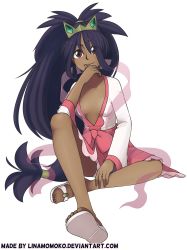 Rule 34 | 1girl, alternate costume, alternate hairstyle, artist name, artist request, ass, black hair, bow, breasts, child, cleavage, collarbone, creatures (company), dark-skinned female, dark skin, deviantart username, diadem, dress, dress bow, eyelashes, feet, fingernails, formal, full body, game freak, gen 5 pokemon, hair between eyes, hand on leg, hand up, happy, highres, iris (pokemon), knee up, legs, long hair, looking at viewer, neck, nintendo, no bra, official alternate costume, panties, panty peek, pink dress, pokemon, pokemon bw2, red eyes, ribbon, sandals, shiny clothes, shiny skin, sidelocks, sitting, small breasts, smile, spread legs, thighs, thumb to mouth, tiara, toenails, toes, transparent background, two-tone dress, underwear, very long hair, white footwear, white panties, wide dress, wide ponytail