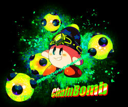 Rule 34 | black background, black headwear, blue eyes, blush stickers, bomb, bomb kirby, chain, colored skin, commentary request, copy ability, english text, explosive, forehead jewel, gem, green gemstone, grin, kirby, kirby (series), kirby and the forgotten land, looking at viewer, nintendo, no humans, open mouth, petals, pink skin, shirushiki, smile, solo, teeth, v-shaped eyebrows