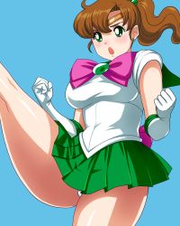Rule 34 | 1990s (style), 1girl, :o, bishoujo senshi sailor moon, blue background, bow, brown hair, clenched hands, clothes lift, elbow gloves, gloves, green eyes, green skirt, kicking, kino makoto, leg lift, magical girl, matoyama, panties, pantyshot, pink bow, pleated skirt, pointy ears, ponytail, retro artstyle, sailor jupiter, skirt, skirt lift, solo, thick thighs, thighs, underwear, upskirt, white gloves, white panties