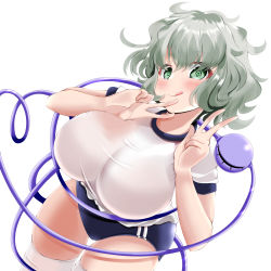 Rule 34 | breasts, double v, green eyes, highres, komeiji koishi, large breasts, light green hair, musi tino, shirt, simple background, smile, solo, sportswear, t-shirt, thighhighs, thighs, third eye, touhou, v, wavy hair, white background