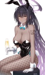 Rule 34 | 1girl, absurdres, alcohol, animal ears, aqua bow, aqua bowtie, bare arms, bare shoulders, black hair, black leotard, blue archive, bow, bowtie, breasts, champagne, cleavage, closed mouth, collarbone, commentary request, constricted pupils, cup, dark-skinned female, dark skin, detached collar, fake animal ears, fake tail, fishnet pantyhose, fishnets, glass, gloves, hair between eyes, halo, high ponytail, highleg, highleg leotard, highres, holding, holding cup, karin (blue archive), karin (bunny) (blue archive), kumapako, large breasts, leotard, long hair, looking at viewer, multicolored hair, no bra, number tattoo, official alternate costume, pantyhose, playboy bunny, pointy nose, purple hair, rabbit tail, shadow, side-tie leotard, signature, simple background, sitting, solo, stool, strapless, strapless leotard, streaked hair, tail, tattoo, traditional bowtie, two side up, v-shaped eyebrows, very long hair, white background, white gloves, wrist cuffs, yellow eyes