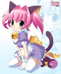 Rule 34 | 1girl, absurdres, animal ears, apron, bell, blush stickers, boots, cat ears, cat girl, cat tail, colinarmis, commentary request, dress, gloves, hair intakes, highres, jingle bell, logo, miracle-chan, neck bell, original, pink hair, purple dress, purple eyes, purple footwear, short dress, sitting, solo, tail, thighhighs, twintails, waist apron, wariza, white gloves, white thighhighs, zoom layer