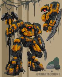 Rule 34 | ariartaccount, bionicle, brown background, highres, holding, holding staff, keetongu (bionicle), mecha, mecha focus, mechanization, moss, multiple views, no humans, one-eyed, plant, red eyes, robot, rock, staff, the lego group, twitter username, vines
