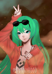 Rule 34 | 1girl, alternate eye color, alternate hair color, arms up, artist name, black-framed eyewear, blue eyes, bnnyhood, commentary, fingernails, green hair, grin, hair between eyes, highres, jacket, long hair, long sleeves, nail polish, open clothes, open jacket, red jacket, red nails, shirt, smile, solo, sunglasses, t-shirt, twintails, v