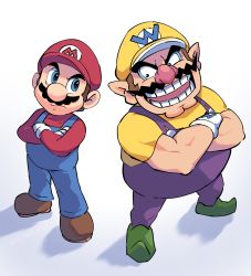 Rule 34 | 2boys, baseball cap, blue eyes, blue overalls, brown footwear, brown hair, closed mouth, crossed arms, facial hair, full body, gloves, green footwear, hat, highres, looking at another, male focus, mario, mario (series), multiple boys, muscular, muscular male, mustache, nintendo, open mouth, overalls, pointy ears, purple overalls, red headwear, red shirt, shirt, short hair, short sleeves, simple background, standing, teeth, wario, white background, white gloves, ya mari 6363, yellow headwear, yellow shirt