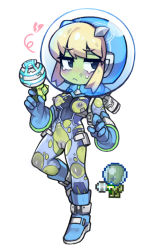 Rule 34 | 1girl, alien, black eyes, blonde hair, blue footwear, blue gloves, bodysuit, boots, brain scrambler, breasts, broken heart, cleft of venus, colored skin, creature and personification, energy gun, full body, furrowed brow, gloves, green skin, gun, heart, helmet, holding, holding gun, holding weapon, knee boots, leg up, medium breasts, no nose, nyong nyong, personification, ray gun, short hair, simple background, solo, space helmet, terraria, torn bodysuit, torn clothes, uncensored, weapon, white background
