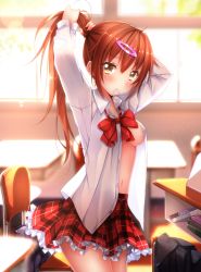 Rule 34 | 10s, 1girl, adjusting hair, arms up, backlighting, blurry, blush, breasts, brown eyes, brown hair, chair, chuunibyou demo koi ga shitai!, commentary request, covered erect nipples, depth of field, desk, dress shirt, dressing, frilled skirt, frills, hair ornament, hairclip, highres, long hair, looking at viewer, mouth hold, navel, nibutani shinka, no bra, open clothes, open shirt, plaid, plaid skirt, pleated skirt, ponytail, school desk, school uniform, shirt, silhouette, skirt, solo, swordsouls, thighs, underboob, white shirt