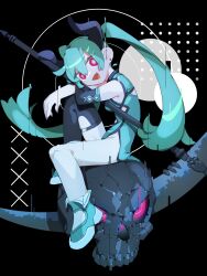 Rule 34 | 1girl, absurdres, alternate costume, aqua dress, aqua hair, black background, black thighhighs, cheri zao, commission, demon horns, dress, fang, glitch, glowing, glowing eyes, hatsune miku, highres, holding, holding scythe, horns, long hair, looking at viewer, red eyes, scythe, simple background, single thighhigh, skin fang, skull, solo, thighhighs, twintails, vocaloid