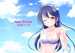 Rule 34 | 1girl, ;), ;3, artist name, artist request, bare shoulders, bikini, blowing kiss, blue bikini, blue bow, blue hair, blue sky, blush, bow, bracelet, breasts, cleavage, cloud, collarbone, dated, day, dress, earrings, female focus, flower, frilled bikini, frills, hair between eyes, hair flower, hair ornament, hairband, hibiscus, jewelry, long hair, looking at viewer, love live!, love live! school idol festival, love live! school idol project, medium breasts, natsuiro egao de 1 2 jump!, navel, necklace, one eye closed, outdoors, parted lips, pearl necklace, pink scrunchie, plaid, plaid bikini, pleated, pleated dress, purple bikini, purple flower, purple scrunchie, scrunchie, sky, smile, solo, sonoda umi, swimsuit, upper body, white hairband, wink, wrist scrunchie, yellow eyes