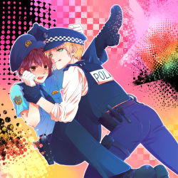 Rule 34 | 2boys, axis powers hetalia, blonde hair, blush, boots, brown eyes, brown hair, gloves, green eyes, holding another&#039;s wrist, japan (hetalia), male focus, multiple boys, open mouth, police, police uniform, short hair, sweat, tongue, tongue out, uniform, united kingdom (hetalia), yaoi