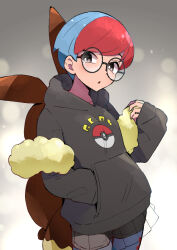 Rule 34 | 1girl, backpack, bag, blue hair, bright pupils, brown bag, commentary request, cowboy shot, creatures (company), game freak, glasses, gomomo00, grey background, hand in pocket, hood, hoodie, looking at viewer, multicolored hair, nintendo, pantyhose, parted lips, penny (pokemon), pleated skirt, poke ball print, pokemon, pokemon sv, red hair, round eyewear, see-through, see-through skirt, shorts, shorts under skirt, skirt, solo, two-tone hair, white pupils