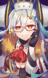 Rule 34 | 1girl, ascot, black gloves, blush, braid, breasts, cleavage, closed mouth, commentary request, fate/grand order, fate (series), fur collar, fur trim, glasses, gloves, grey hair, hair between eyes, hair ornament, head rest, highres, horns, jewelry, large breasts, long hair, looking at viewer, ohitashi netsurou, olga marie animusphere, red-framed eyewear, red ascot, ring, single braid, single horn, smile, solo, u-olga marie, very long hair, yellow eyes, yellow horns