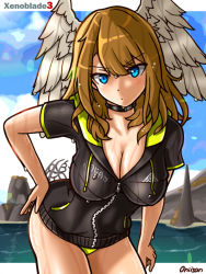 Rule 34 | 1girl, angel wings, bikini, blue eyes, breasts, brown hair, cleavage, eunie (xenoblade), hand on own hip, highres, jacket, large breasts, leaning forward, legs, looking at viewer, oniisan, short hair, solo, swimsuit, thighs, water, wet, wings, xenoblade chronicles (series), xenoblade chronicles 3, yellow bikini