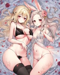 Rule 34 | 2girls, animal ears, babydoll, bare shoulders, black bra, black panties, black thighhighs, blonde hair, bra, braid, breasts, caustics, cleavage, cream (cream), flower, forehead, front-tie bra, front-tie top, hair flower, hair ornament, halterneck, holding, large breasts, long hair, looking at viewer, lying, mole, mole under eye, multiple girls, navel, on back, open mouth, original, panties, parted bangs, rabbit ears, red eyes, rose, see-through, shiro albino, skindentation, small breasts, smile, stomach, strap gap, string bra, string panties, thighhighs, thighs, underwear, very long hair, water, white babydoll, white hair