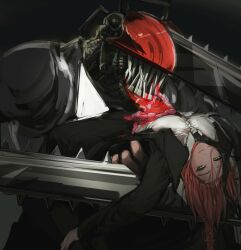 Rule 34 | 1girl, 1other, chainsaw, chainsaw devil, chainsaw man, guro, highres, index yc, makima (chainsaw man), red hair, sharp teeth, spoilers, teeth, yellow eyes
