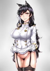 Rule 34 | 1girl, animal ears, atago (azur lane), azur lane, black hair, breasts, brown eyes, clothes lift, female focus, female pubic hair, flashing, fox ears, garter belt, garter straps, gloves, highres, large breasts, lifted by self, long hair, looking at viewer, military, military uniform, miniskirt, mole, nattapuumuu, no panties, pubic hair, pussy, skirt, skirt lift, smile, solo, standing, uncensored, uniform, very long hair, white gloves