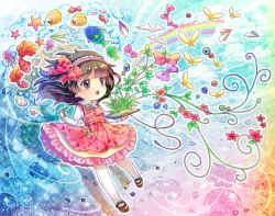 Rule 34 | 1girl, brown eyes, brown hair, bug, butterfly, child, drawing tablet, dress, fish, hair ribbon, hairband, highres, insect, jellyfish, long hair, moxue qianxi, original, plant, rainbow, ribbon, solo, stylus