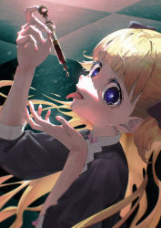 Rule 34 | 1girl, apron, arms up, blonde hair, blue bow, blue dress, blue eyes, blunt bangs, bow, checkered floor, coffee, crazy eyes, crying, crying with eyes open, dress, emilico (shadows house), hair bow, highres, holding, holding syringe, long hair, looking at viewer, otokoe, ringed eyes, shadows house, smile, solo, syringe, tears, tongue, tongue out, two side up, white apron