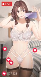 Rule 34 | 1girl, absurdres, bed, black thighhighs, bra, braid, breasts, brown eyes, brown hair, cellphone, commentary, cowboy shot, english commentary, fingernails, gluteal fold, hanny (uirusu chan), heart, highres, holding, holding phone, julia chang, lace, lace bra, lace panties, lingerie, livestream, medium breasts, medium hair, multi-strapped panties, nail polish, namco, navel, no eyewear, panties, phone, selfie, skindentation, smartphone, solo, standing, taking picture, tekken, tekken 7, thighhighs, twin braids, underwear, underwear only, white bra, white panties