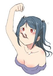 Rule 34 | 1boy, 1girl, absurdres, blue hair, breasts, cleavage, clip (368806sd), giant, giantess, highres, original, red eyes, simple background, size difference, two side up, upper body, vore, white background