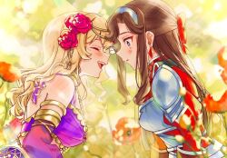 Rule 34 | 2girls, armlet, armor, arms at sides, bare shoulders, blonde hair, blurry, blurry background, blush, bow, breastplate, breasts, brown hair, bug, butterfly, butterfly on nose, closed eyes, commentary, crop top, day, detached sleeves, diamond earrings, earrings, face-to-face, facing another, flower, from side, grey hairband, hair bow, hair flower, hair ornament, hairband, half updo, insect, jacket, jewelry, leaning forward, long hair, long sleeves, looking at another, medium breasts, midriff, multiple girls, nijiko (c2cs4q), official alternate costume, open mouth, outdoors, parted bangs, parted lips, pauldrons, pink flower, pink rose, profile, purple eyes, purple shirt, purple skirt, red bow, red flower, red jacket, rose, saijou claudine, see-through, see-through sleeves, shirt, shoujo kageki revue starlight, shoujo kageki revue starlight -re live-, shoulder armor, sidelocks, skirt, sleeveless, sleeveless shirt, smile, standing, symbol-only commentary, tassel, tassel hair ornament, teeth, tendou maya, upper body, upper teeth only, wavy hair, white butterfly, wide-eyed, yuri