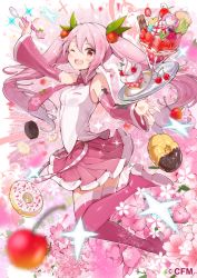 Rule 34 | 1girl, ;d, bare shoulders, blurry, boots, breasts, cake, cake slice, cherry, cherry blossoms, collared shirt, commentary request, detached sleeves, doughnut, flower, food, fruit, fuku kitsune (fuku fox), hair ornament, hatsune miku, long hair, long sleeves, looking at viewer, miniskirt, necktie, one eye closed, open mouth, outstretched arms, parfait, pink flower, pink footwear, pink hair, pink skirt, plate, pleated skirt, red eyes, sakura miku, shirt, skirt, small breasts, smile, solo, spoon, thigh boots, thighhighs, twintails, vocaloid, watermark, white shirt, zettai ryouiki