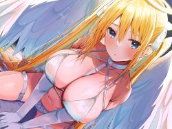 Rule 34 | 1girl, angel, bikini, blonde hair, blue eyes, blush, bow, breasts, collar, collarbone, elbow gloves, gloves, hair ribbon, halo, highres, large breasts, long hair, looking at viewer, open mouth, original, ribbon, rouka (akatyann), see-through, sitting, solo, strap, swimsuit, thigh strap, twintails, white bikini, white gloves, white ribbon, wings