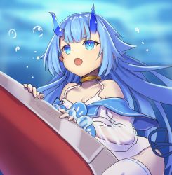 Rule 34 | 1girl, air bubble, alternate color school swimsuit, azur lane, blue horns, blue sailor collar, bubble, chagara, choker, horns, i-13 (azur lane), long sleeves, ocean, one-piece swimsuit, open mouth, sailor collar, school swimsuit, see-through, see-through sleeves, single thighhigh, smile, solo, submarine, submerged, swimsuit, thick eyebrows, thighhighs, translucent horns, twitter username, underwater, watercraft, white one-piece swimsuit, white thighhighs