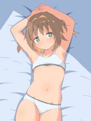 Rule 34 | + +, 1girl, armpits, arms behind head, arms up, bare arms, bare shoulders, bed sheet, bra, brown hair, clothes writing, colored inner hair, commentary, cowboy shot, flat chest, groin, hair intakes, highres, looking at viewer, lying, multicolored hair, navel, oka asahi, on back, onii-chan wa oshimai!, orange hair, panties, short hair, smile, solo, stomach, training bra, two-tone hair, two side up, underwear, underwear only, unkimo, white bra, white panties, window shadow