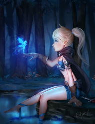 Rule 34 | 2girls, ankle ribbon, armlet, aura, bandeau, barefoot, blonde hair, blue eyes, brown gloves, cloak, dagger, easonx, elf, eyelashes, fairy, fairy wings, forest, gloves, hair tie, highres, knife, leg ribbon, midriff, mini person, minigirl, miniskirt, multiple girls, nature, original, outdoors, pointy ears, ponytail, pouch, profile, ribbon, signature, sitting, size difference, skirt, soaking feet, swept bangs, water, weapon, wings