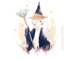 Rule 34 | 1boy, artist name, character name, cookie run, copyright name, grey eyes, hat, holding, holding staff, male focus, nabeia, robe, scarf, smile, solo, staff, star (symbol), twitter username, watermark, white hair, wizard cookie, wizard hat