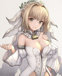 Rule 34 | 10s, 1girl, animal print, bare shoulders, blonde hair, blush, breasts, bridal veil, chain, cleavage, closed mouth, detached collar, detached sleeves, fate/extra, fate/extra ccc, fate/grand order, fate (series), flower, flower wreath, full-length zipper, grey background, grey eyes, hair intakes, hair ribbon, hand on own hip, hand up, head tilt, head wreath, hisahisahisahisa, large breasts, leopard print, leotard, light smile, lock, looking at viewer, md5 mismatch, nero claudius (bride) (fate), nero claudius (bride) (second ascension) (fate), nero claudius (fate), nero claudius (fate) (all), padlock, puffy sleeves, resolution mismatch, ribbon, short hair with long locks, showgirl skirt, sidelocks, simple background, skirt, smile, solo, source smaller, standing, strapless, strapless leotard, turtleneck, veil, white flower, white leotard, white ribbon, wide sleeves, zipper, zipper pull tab