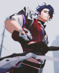 Rule 34 | 1boy, armor, bare tree, belt, black belt, blood, blood on face, bloody weapon, blue hair, blurry, blurry background, blurry foreground, cliff, commentary, cowboy shot, dagger, dutch angle, green eyes, grey sky, hair over one eye, highres, holding, holding weapon, honkai: star rail, honkai (series), knife, looking at viewer, male focus, midriff peek, outdoors, red eyes, sampo koski, shirt, short hair, short sleeves, shoulder armor, sky, solo, symbol-only commentary, tksm 66, tree, weapon, white shirt